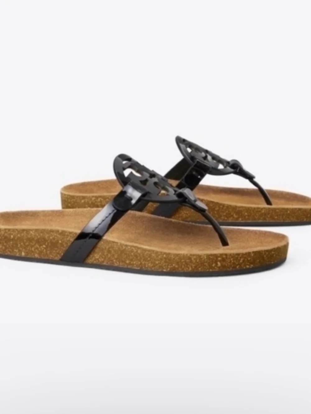 Tory Burch Miller Cloud Cork Sandals Black Patent Size 7.5
